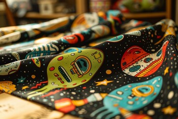 Fototapeta premium Colorful space-themed fabric with astronauts and rockets