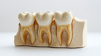 Decayed tooth replaced by dental implant root canal teeth model for education, isolated on white background with clipping path.