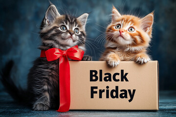 Two fluffy cats in box with Black Friday sale sign, cute kittens and festive red ribbon, holiday shopping promotion concept, adorable pets, retail event, cozy and charming seasonal advertisement