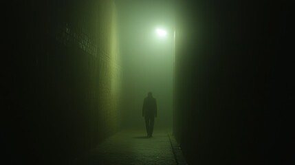 Enigmatic Noir Scene with Shadowy Figure Emerging from Foggy Alley under Streetlamp Light - Suspenseful and Cinematic Atmosphere