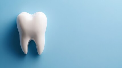 Dental health concept: white, healthy tooth on blue background. Dentistry, health, care, oral care, oral hygiene, professional teeth cleaning. Dental clinic banner with copy space.