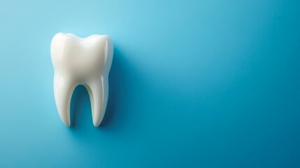 Fototapeta premium Dental health concept: white, healthy tooth on blue background. Dentistry, health, care, oral care, oral hygiene, professional teeth cleaning. Dental clinic banner with copy space.