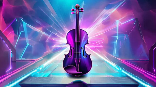 A purple and blue violin is on a stage with neon lights. Scene is energetic and vibrant