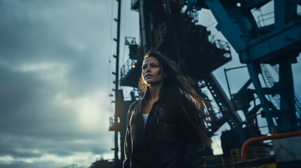 a pensive woman looking at the horizon on an oil rig