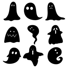 Black and white ghosts vector illustration on white background, 9 ghosts of different poses and shapes