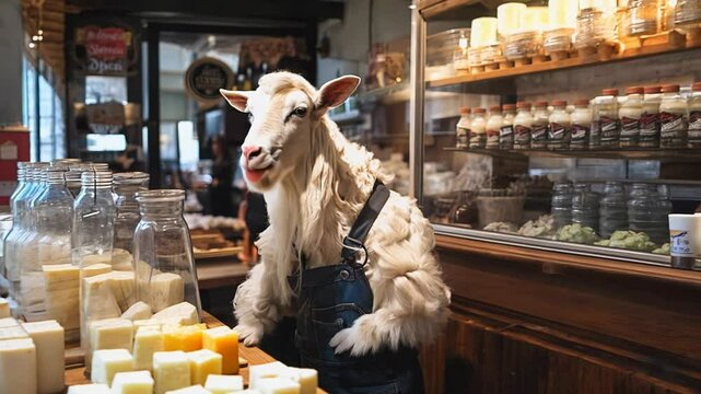 This charming goat showcases delicious goat cheese at a bustling local market, engaging with customers and creating a delightful atmosphere throughout the day.