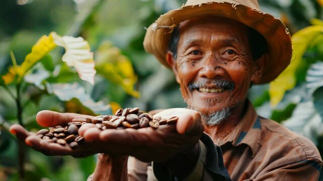 In a vibrant Indonesia setting, a farmer elderly man proudly holds freshly harvested coffee beans, surrounded by lush greenery and ripe fruit. Scene embodies local agriculture and community spirit.