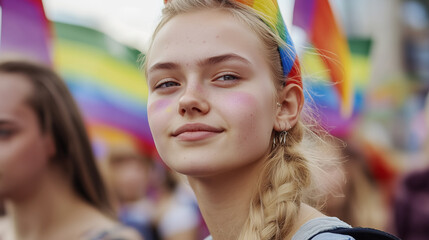 Podczas parady, tłum ludzi trzyma tęczowe flagi i różnorodne banery, wyrażając wsparcie dla społeczności LGBTQ+.