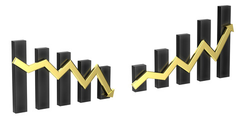 3d arrows over stock exchange graph. Global trend in the stock and bond market. render black and gold icon