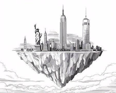 A pencil-drawn architectural drawing of a fictional New York City floating in the sky. 