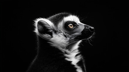 Fototapeta premium Portret lemura skupia się na jego wyrazistej twarzy i ogromnych, oczach, które patrzą intensywnie i z zainteresowaniem.