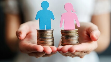 Close-Up of Woman’s Hands Holding Stacks of Coins with Blue Male and Pink Female Paper Cutouts on White Background, Representing Gender Equality and Pay Equity in the Workplace