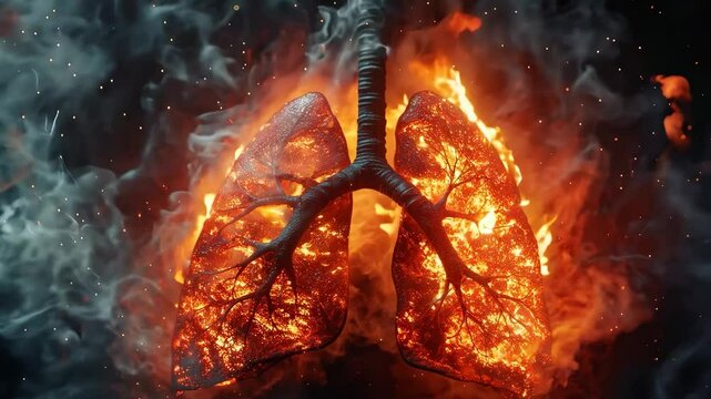 A lung is shown with smoke and fire surrounding it. Concept of destruction and danger, as the lung is surrounded by flames and smoke