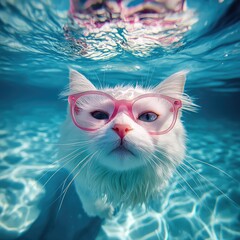 Adorable White Cat Wearing Pink Sunglasses Floating in a Pool, Captured Underwater with Clear Blue Water Background and Bright Colors, High-Resolution Real Photo”