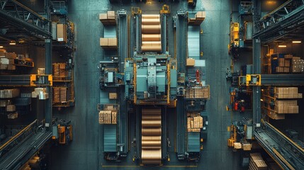 Aerial view of a large industrial warehouse with automated machinery and boxes.