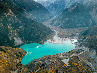 Issyk mountain lake in Kazakhstan. The turquoise lake is surrounded by mountains