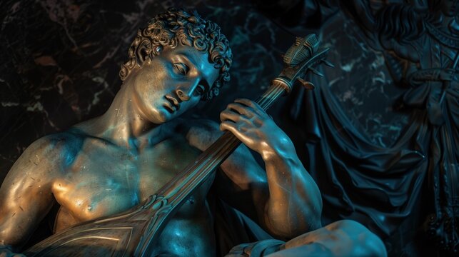 Antique bronze sculpture of Orpheus playing a lute in dramatic lighting. artistry, history, and musical heritage symbolized through classical sculpture.