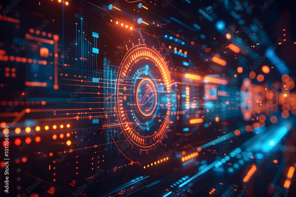 Poster futuristic digital interface with vibrant data streams and circular patterns