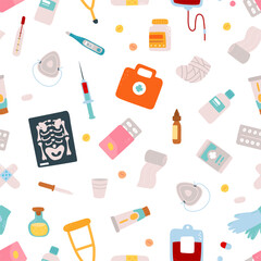 Medical tools icons seamless pattern. Pills drugs tubes and bottles. Hospital and pharmacy elements. Decorative healthcare vector background