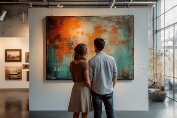 A couple admires modern art together in an exhibit at a contemporary gallery, enjoying their time on a weekend afternoon