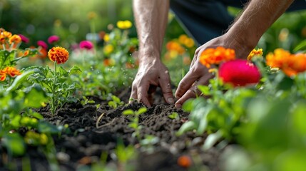 Fototapeta premium Hands tending vibrant garden with blooming flowers in sunlight. gardening, nature, and growth practices.