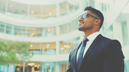 A young businessman in a suit and glasses looks confidently up towards the sky while standing outside a modern office building.