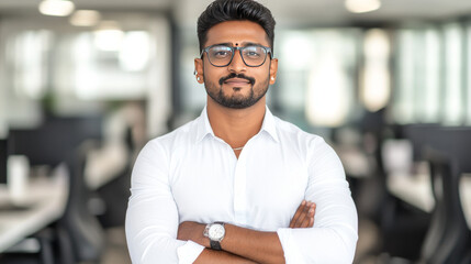 Obraz premium Confident Indian man with a beard in a white shirt, glasses, and a watch standing with arms crossed.