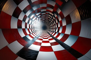 A rotating circular pattern creates a mesmerizing tunnel effect with red and white squares