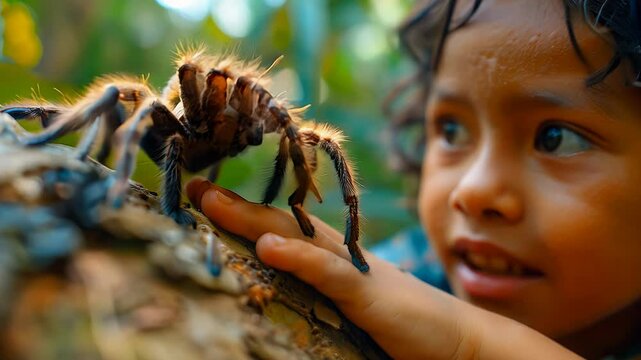 In the heart of the Amazon rainforest, a Peruvian child watches intently as a giant tarantula crawls along a tree branch, showcasing nature's fascinating wonders.
