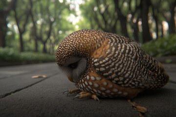 Fototapeta premium wounded owl sitting on the road or way in the forest or park