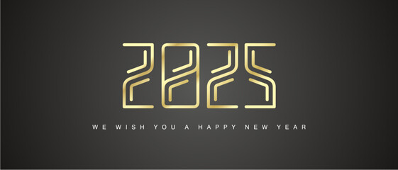 Happy New Year 2025 new abstract golden unique line design for 2025 on black background. New year greeting card