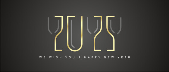 Happy New Year 2025 new abstract unique design four golden line art champagne glasses in shape of 2025 black background greeting card