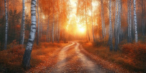 Fototapeta premium Golden hour in a serene birch forest with winding path in autumn
