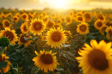 Obraz premium Vibrant Sunflower Field at Sunset