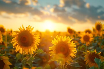 Obraz premium A Golden Sunset Over a Field of Sunflowers