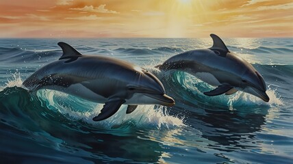Fototapeta premium Two dolphins leap from the waves at sunset.