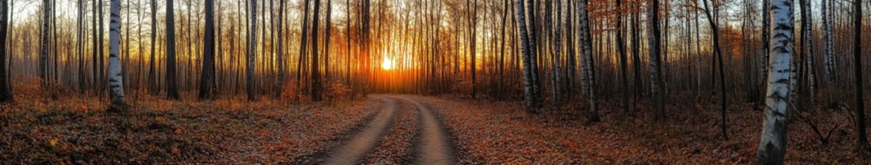 Sunset illuminating a tranquil forest path in autumn