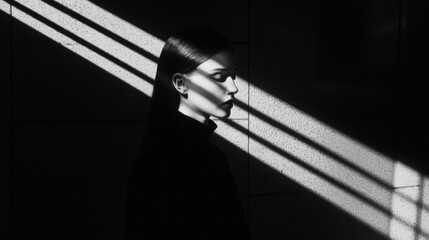 Cinematic Noir Portrait of Woman Waiting at Train Station with Shadows of Longing