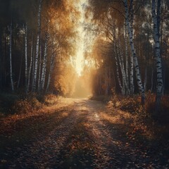 Golden light filters through a tranquil autumn forest path at dusk