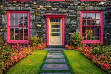 Trend-setting estate with coral window frames, a garnet terrace, and slate walls The path is peridot, leading to an ivory door, with a rose lawn under a lemon sky