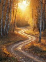 Obraz premium Winding path through golden autumn trees at sunset