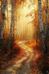 Fototapeta premium A winding path through a glowing autumn forest at sunset