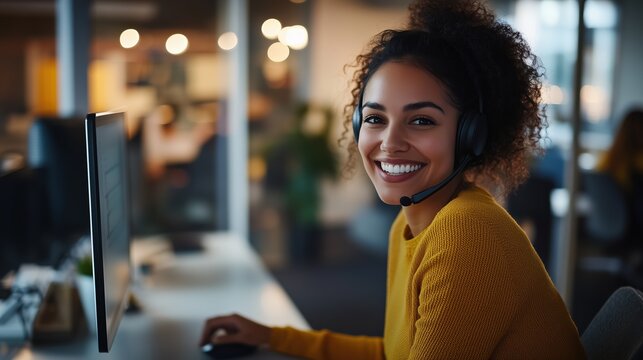 A smiling customer service representative wearing a headset engages with clients at her desk in a modern office space. The atmosphere is welcoming and professional
