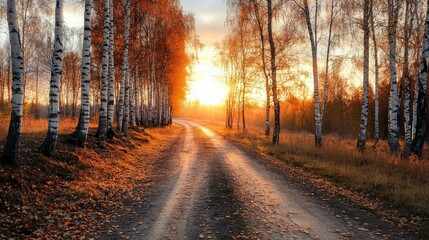 Obraz premium Warm sunlight shining through birch trees along a rural path at sunset