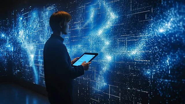 Business person using tablet in futuristic blue glowing digital network visualization, Security analyst or global data connectivity and artificial intelligence concept