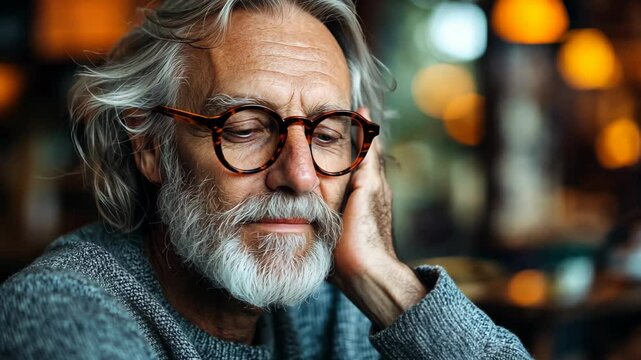 Pensive senior man 60s with beard and glasses reflecting on life experiences in candid closeup expression