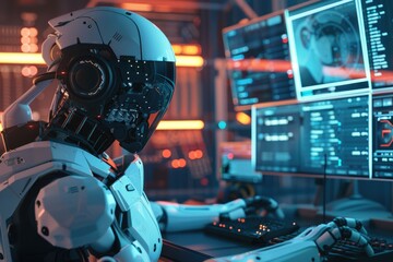 AI robot hacker in digital world  cyber security concept.