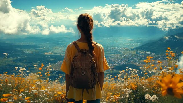 Adventurous female hiker 20s overlooking majestic mountain landscape with wildflowers and dramatic cloudy sky, 4K travel hiking background