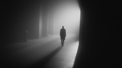 Shadowy Figure Emerging from Foggy Street - Cinematic Noir Scene of Suspense and Mystery