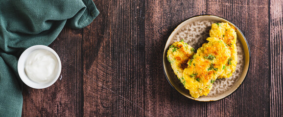 Crispy potato fritters with broccoli on a plate on the table top view web banner
